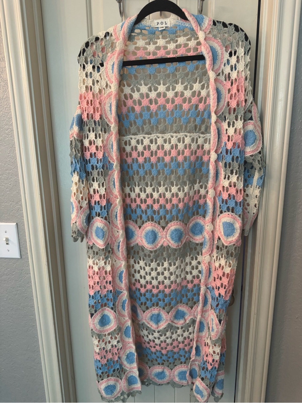 POL Open-Weave Long Cardigan in Pink, Blue & Cream